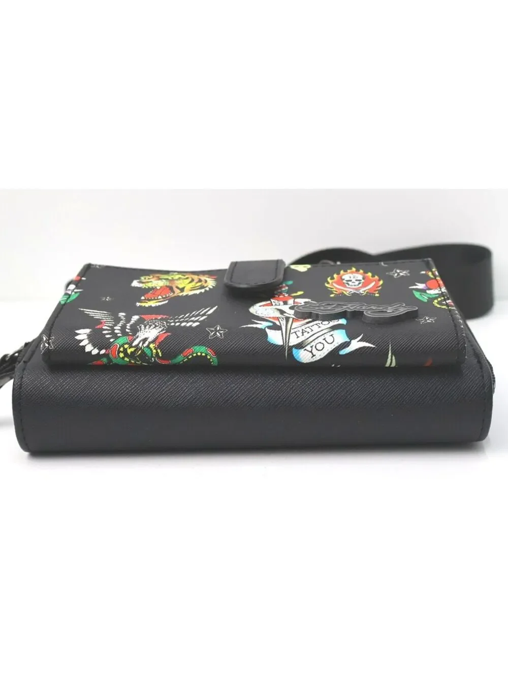 Ed Hardy Black Tattoo Print Crossbody Wallet with Adjustable Strap